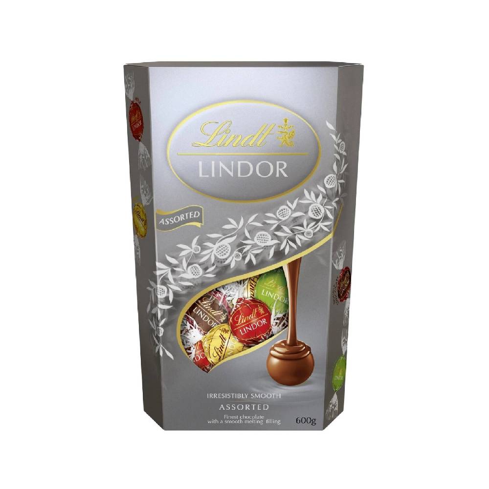 Lindt Lindor Silver Cornet – 600g premium assorted chocolate truffles in a silver gift box, perfect for gifting or indulgent treats.