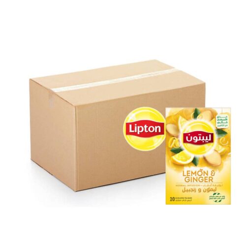 Lipton Herbal Infusion Lemon & Ginger Tea – 16x20x1.6g packs of refreshing, caffeine-free lemon and ginger herbal tea bags for soothing, flavorful drinks.