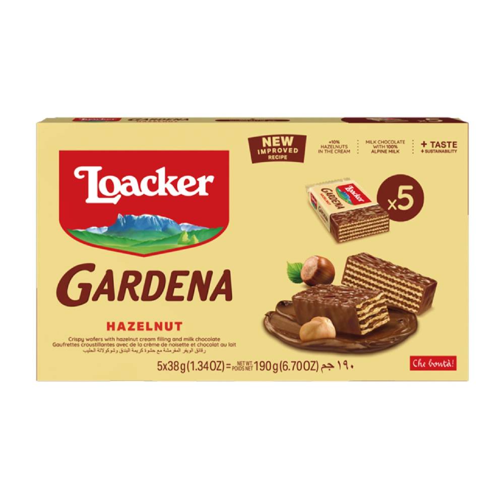 Loacker Gardena Hazelnut Wafer – 5x38g, crispy hazelnut-filled wafer snacks in convenient pack