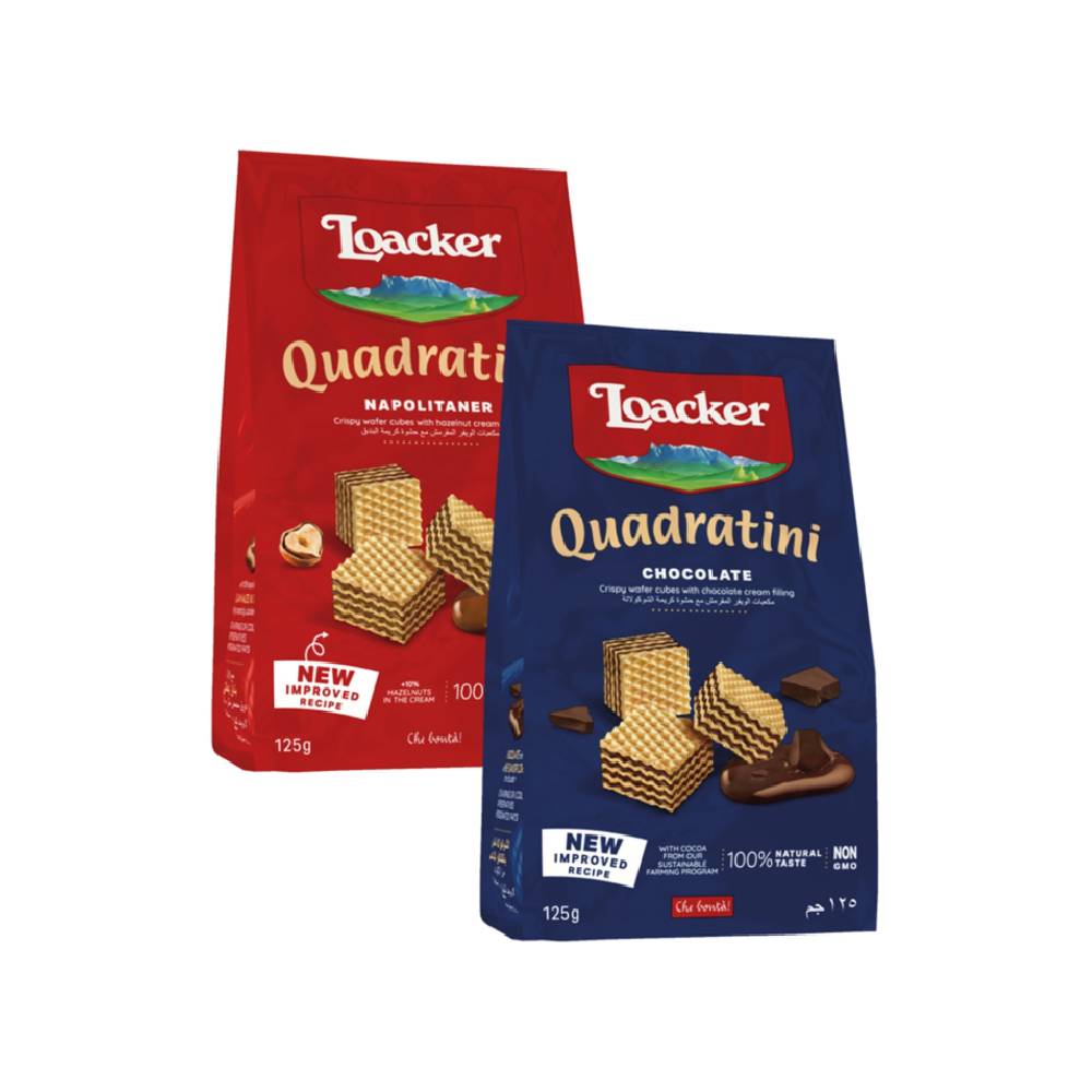 Loacker Quadratini Chocolate and Hazelnut Wafer - 2x125g, bite-sized crispy wafers filled with rich chocolate and creamy hazelnut flavor.