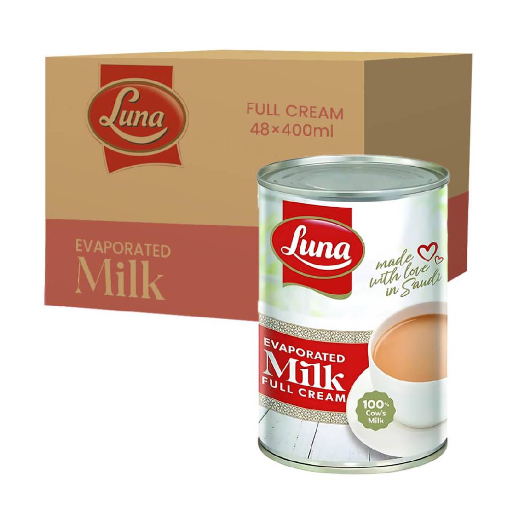 Luna Evaporated Milk 48x400ml – Rich and Creamy Evaporated Milk, Perfect for Cooking, Baking, Tea, and Desserts, Convenient Bulk Pack