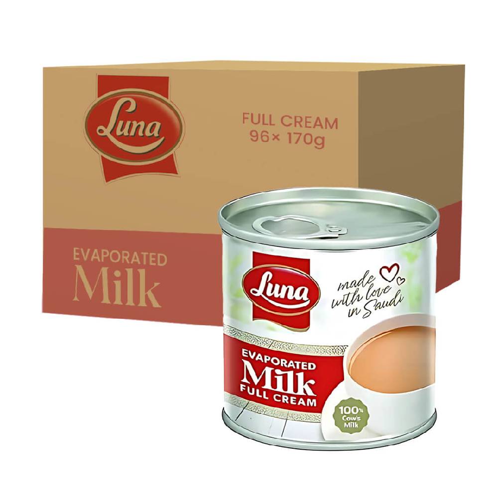 Luna Full Cream Evaporated Milk 96x170g – Rich and Creamy Milk, Ideal for Tea, Coffee, Desserts, and Cooking, Convenient Portion-Size Bulk Pack