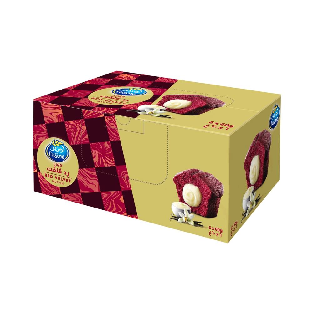 L'usine Red Velvet Muffin – pack of 6x60g soft, moist red velvet muffins, ideal for delicious snacks and desserts.