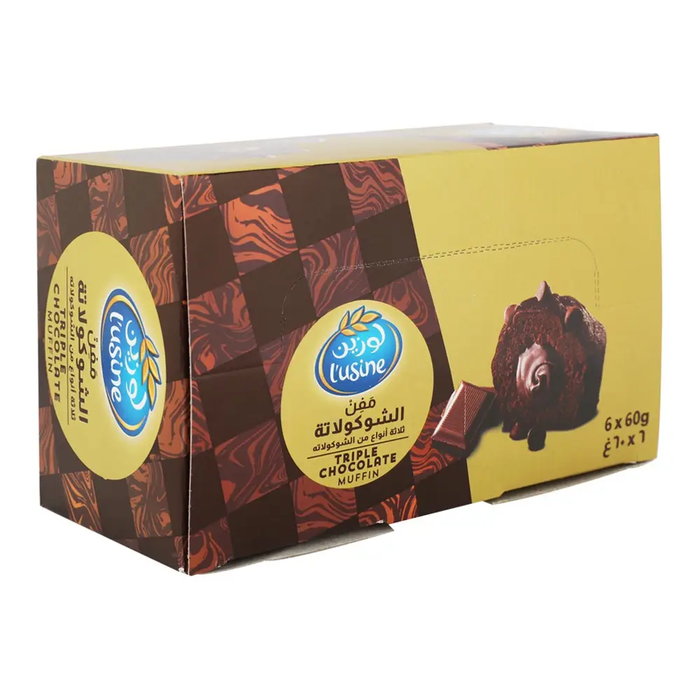 L’usine Triple Chocolate Muffin pack – 6x60g rich and moist chocolate muffins, perfect for snacks and desserts.