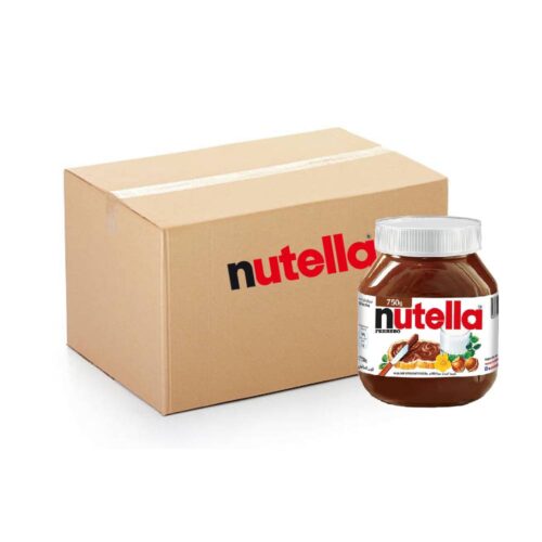 Nutella Hazelnut Chocolate Spread – 12x750g jar pack featuring creamy hazelnut and cocoa spread, perfect for breakfast or snacks.