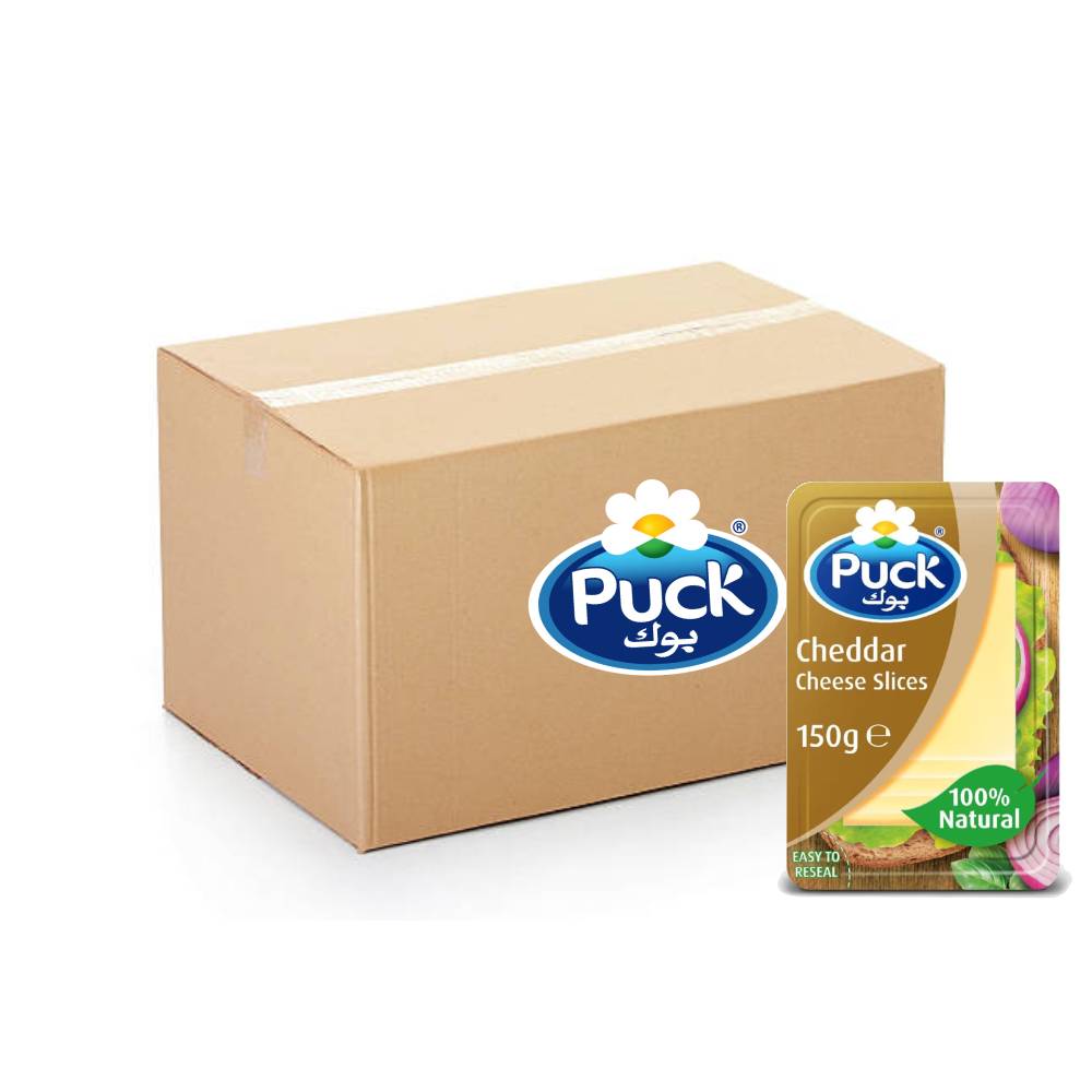 Puck Cheddar Natural Cheese Slices – 14x150g, creamy cheddar cheese slices ideal for sandwiches, cooking, and snacking.