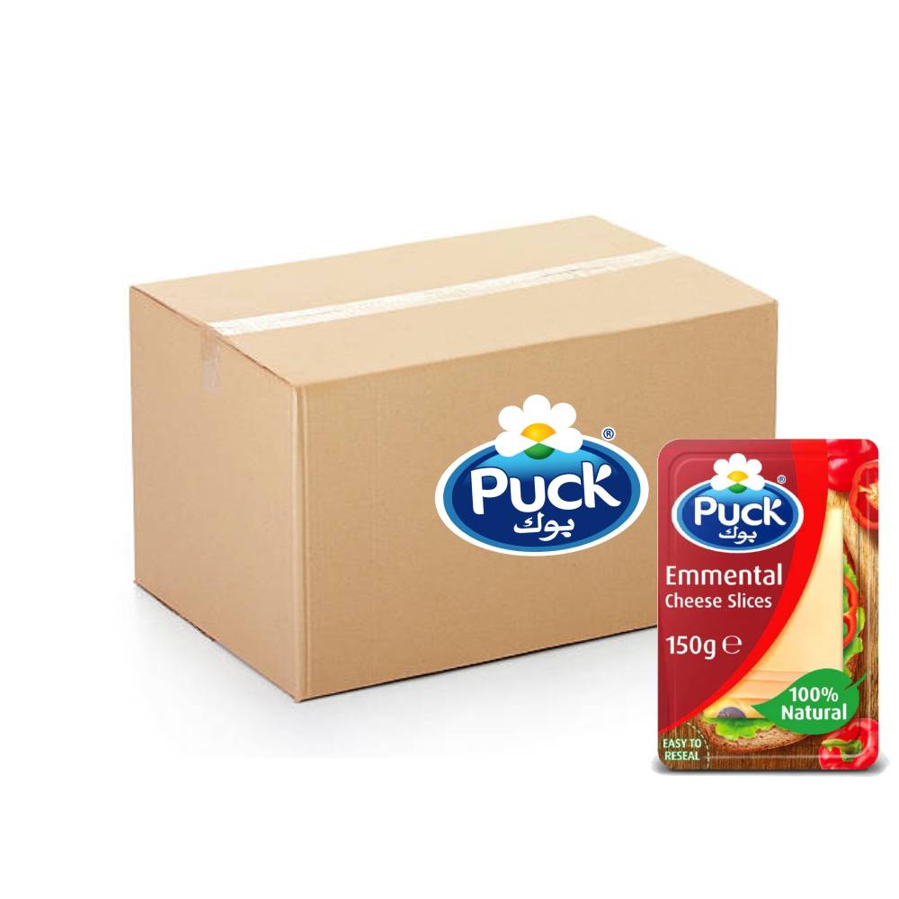 Puck Emmental Natural Cheese Slices 14x150g – creamy, natural Emmental cheese slices perfect for sandwiches, cooking, and snacking.