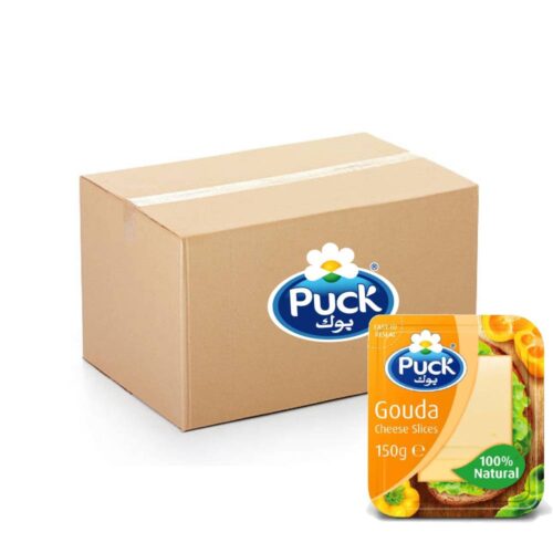 Puck Gouda Natural Cheese Slices – 14x150g pack showing rich, creamy cheese slices ideal for sandwiches and cooking.