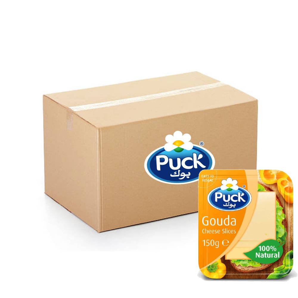 Puck Gouda Natural Cheese Slices – 14x150g pack showing rich, creamy cheese slices ideal for sandwiches and cooking.