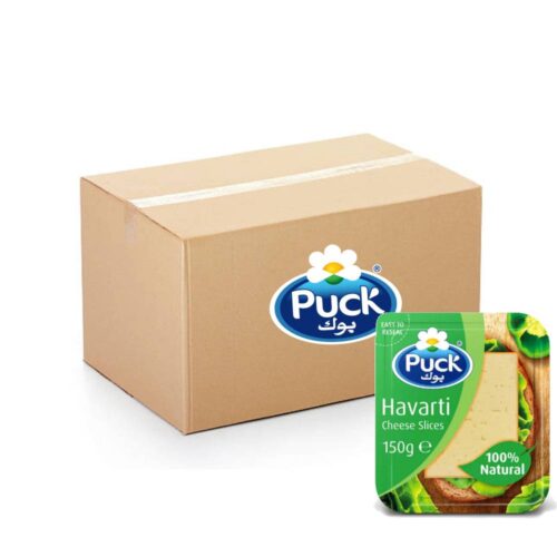 Puck Havarti Natural Cheese Slices - 14x150g pack of creamy, mild cheese slices perfect for sandwiches, snacks, and gourmet recipes.