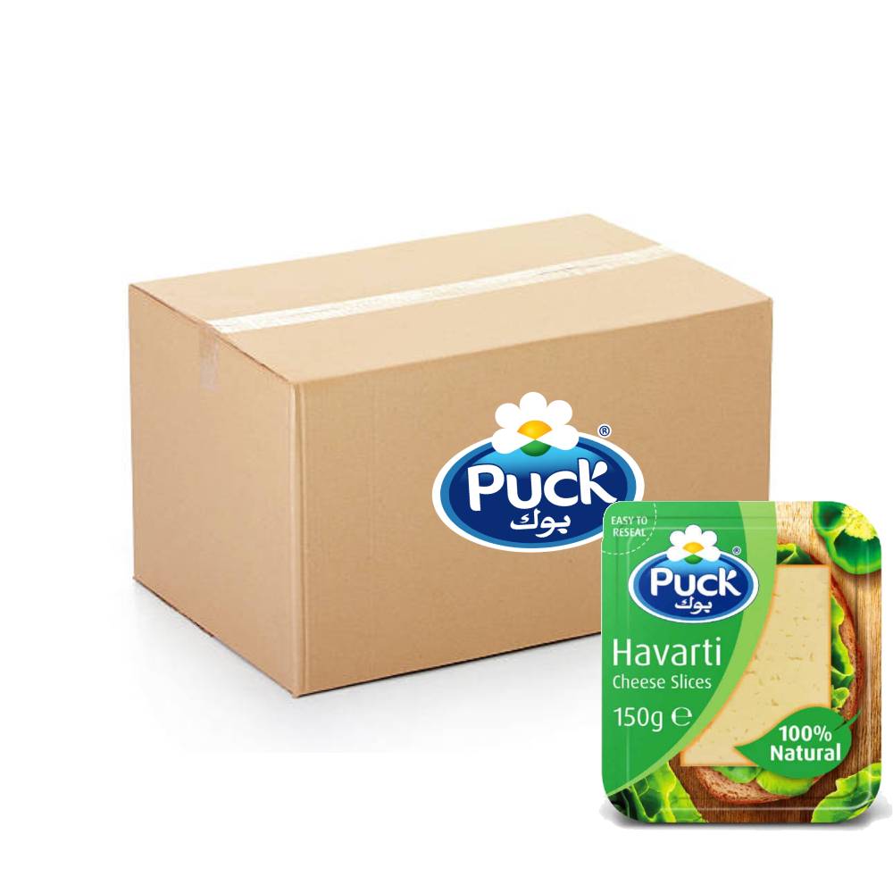 Puck Havarti Natural Cheese Slices - 14x150g pack of creamy, mild cheese slices perfect for sandwiches, snacks, and gourmet recipes.