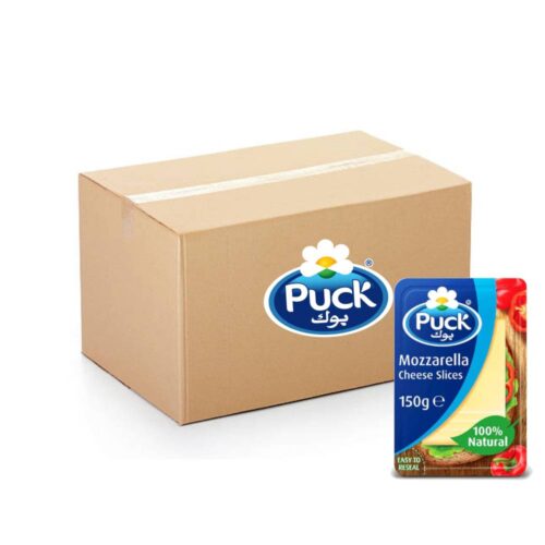 Puck Natural Mozzarella Cheese Slices 14x150g – creamy natural mozzarella perfect for sandwiches, cooking, and melting.