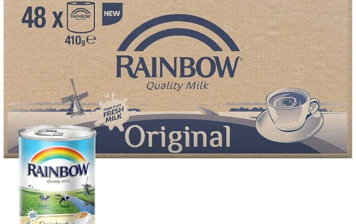 Rainbow Evaporated Milk – 48x410ml bulk pack for creamy, rich texture in beverages and recipes.