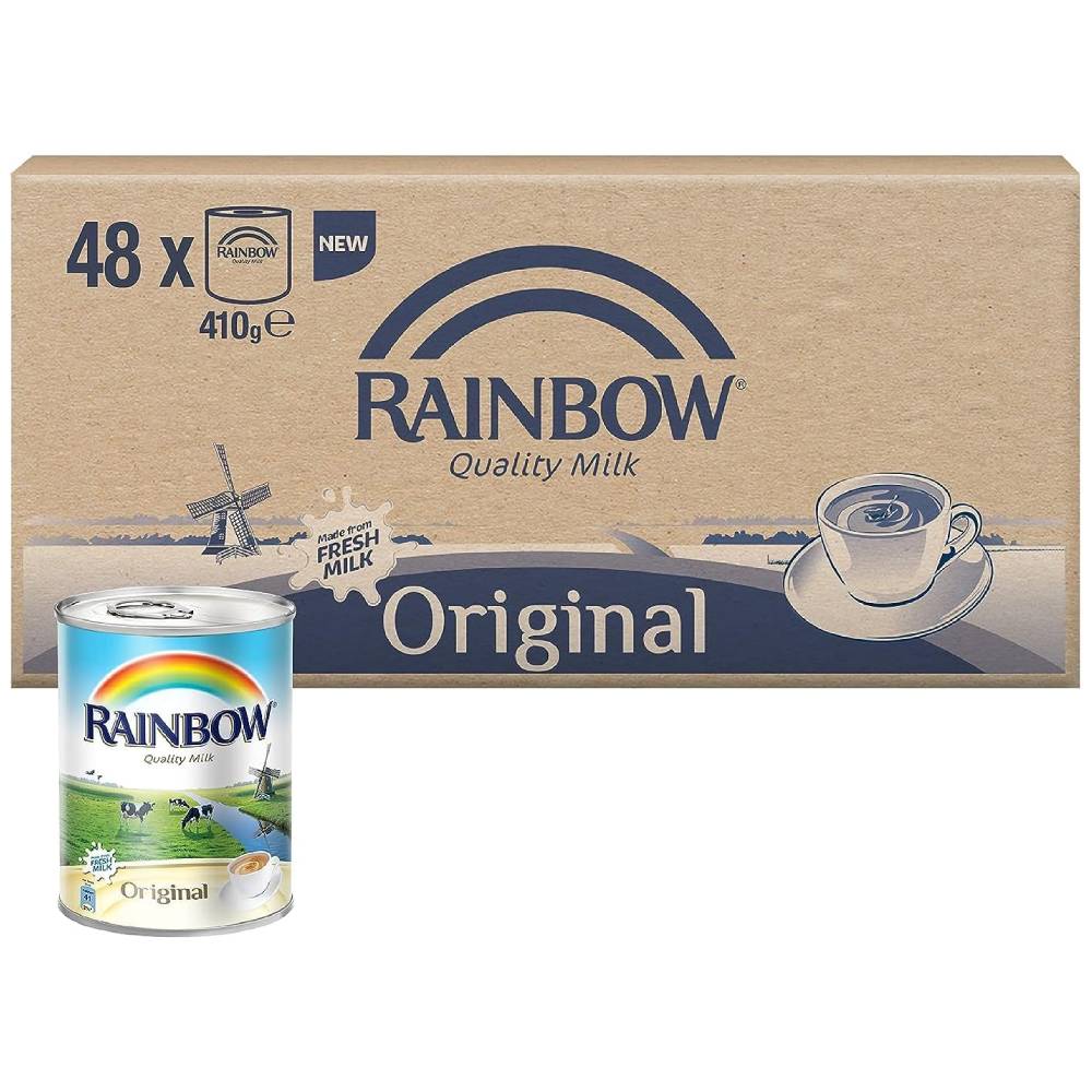Rainbow Evaporated Milk – 48x410ml bulk pack for creamy, rich texture in beverages and recipes.