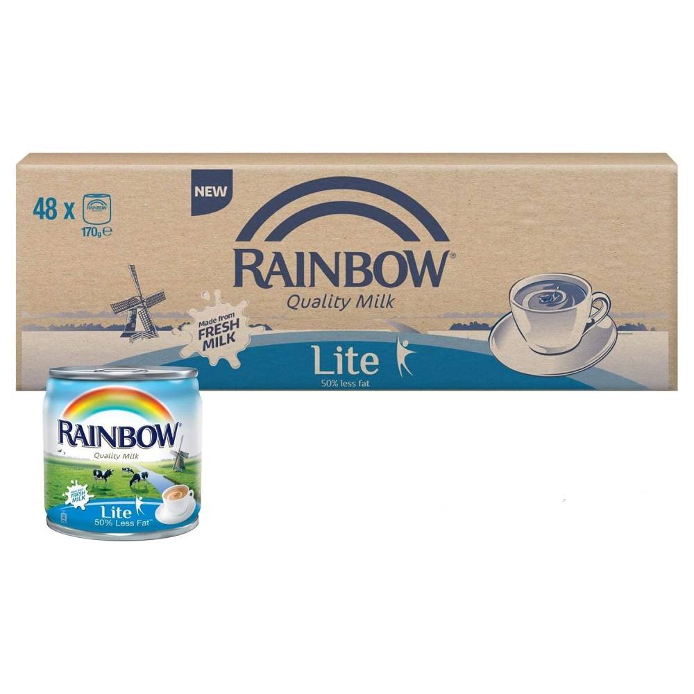 Rainbow Evaporated Milk Lite – 48x170ml, low-fat evaporated milk ideal for cooking, baking, and beverages.