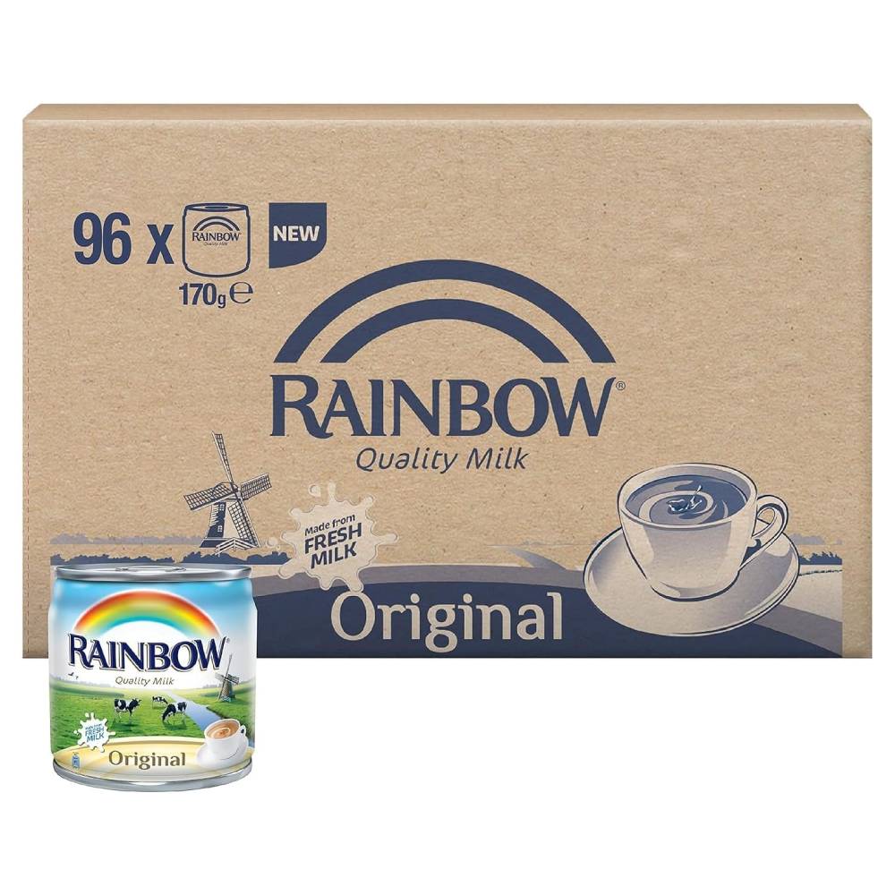 Rainbow Evaporated Milk Original - 96x170ml tin pack, ideal for enhancing tea, coffee, and desserts with rich, creamy flavor.