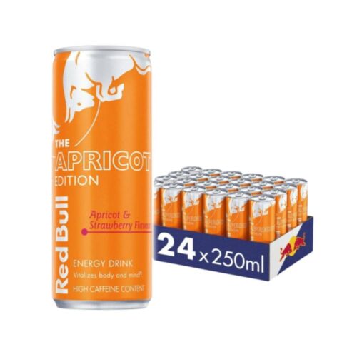 Red Bull Energy Drink Strawberry & Apricot - 24x250ml pack featuring a vibrant blend of strawberry and apricot flavors in convenient 250ml cans, delivering a classic energy boost.