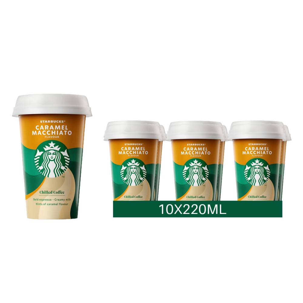 Starbucks Caramel Macchiato Coffee Drink – 10x220ml pack with rich caramel-flavored ready-to-drink coffee in 220ml bottles