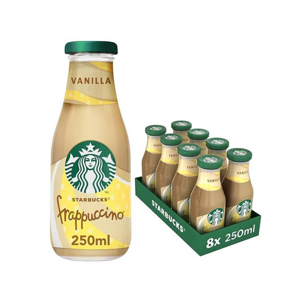 Starbucks Frappuccino Vanilla coffee drink in 8x250ml bottles, creamy and refreshing vanilla flavor.
