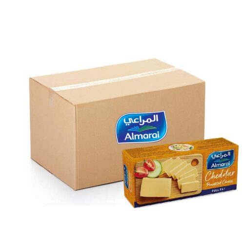 Almarai Cheddar Block Cheese Full Fat 12x454g – rich, full-fat cheddar cheese blocks for cooking and snacking.