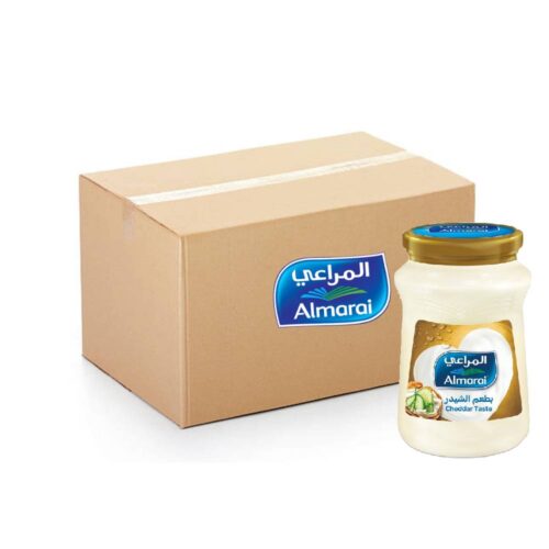 Almarai Cheddar Cheese Spread Jar - 12x500g pack showing creamy cheese in sealed glass jars ideal for sandwiches and snacks