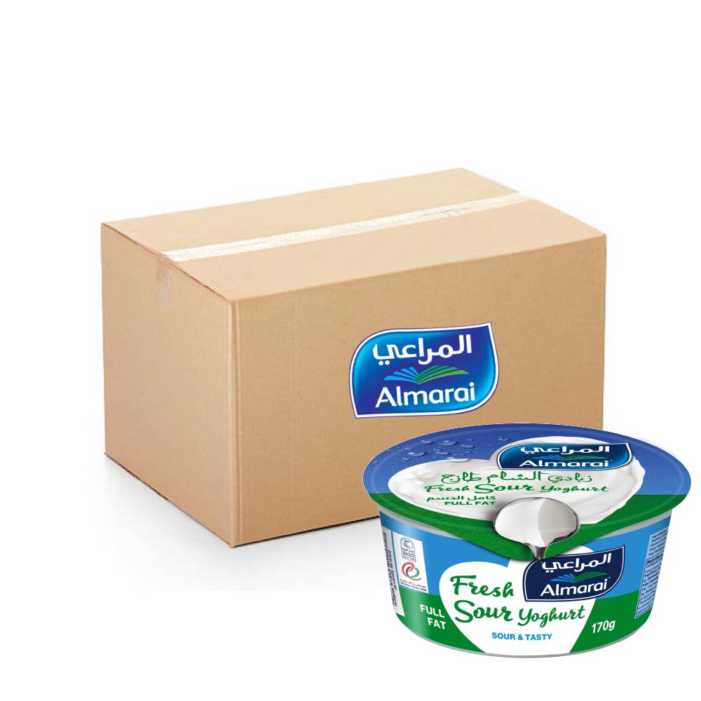 Almarai Full Fat Fresh Sour Yoghurt pack of 60x170g containers, creamy and rich sour yoghurt for everyday enjoyment.