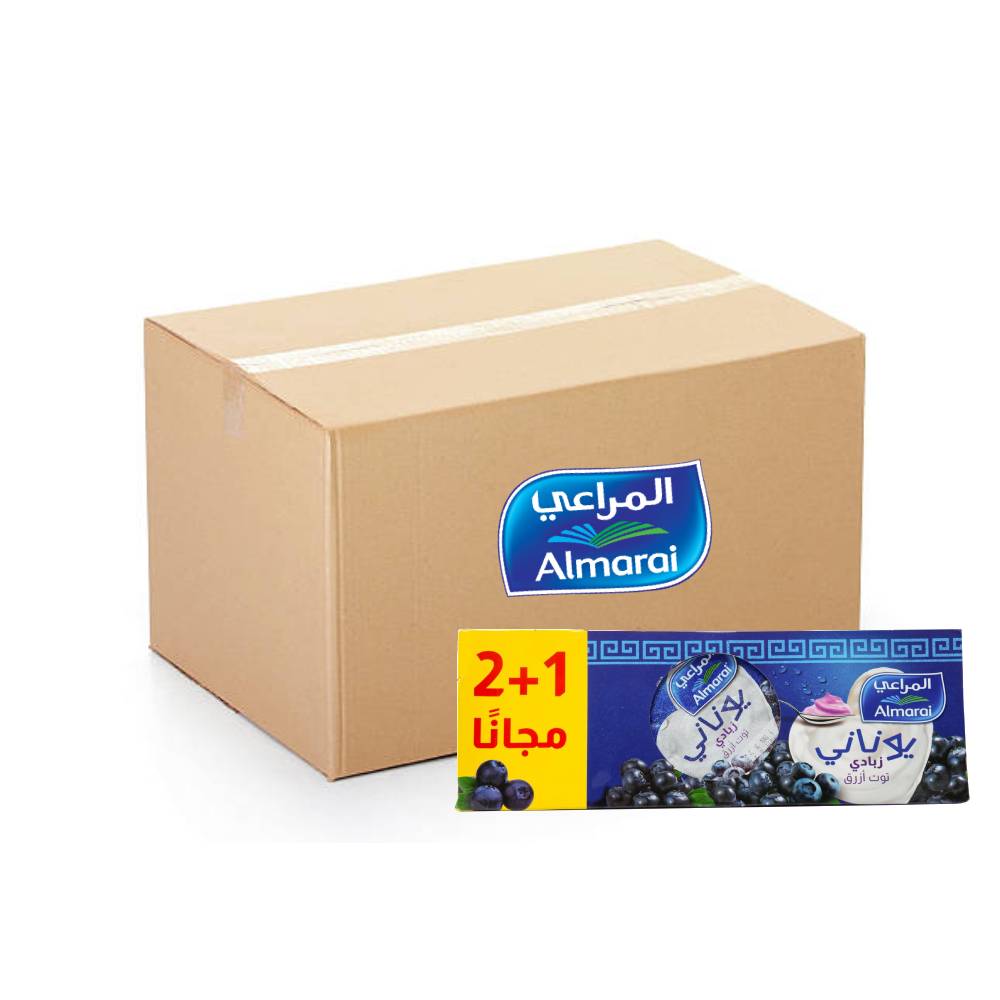 Almarai Greek Style Yoghurt Blueberry – 16x3x150g multipack with creamy texture and real blueberry flavor, perfect for a healthy snack.