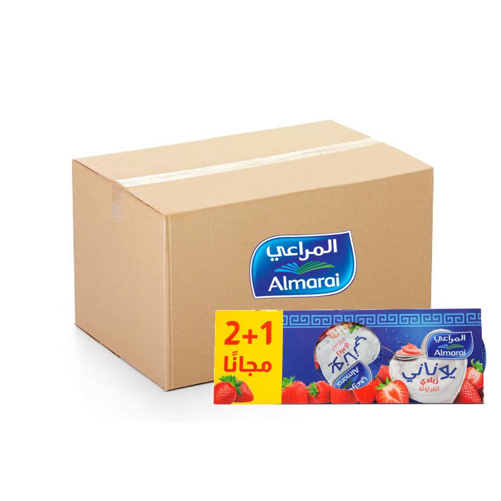Almarai Greek Style Yoghurt Strawberry - 16x3x150g multipack of creamy, strawberry-flavored Greek yogurt, perfect for a nutritious snack.