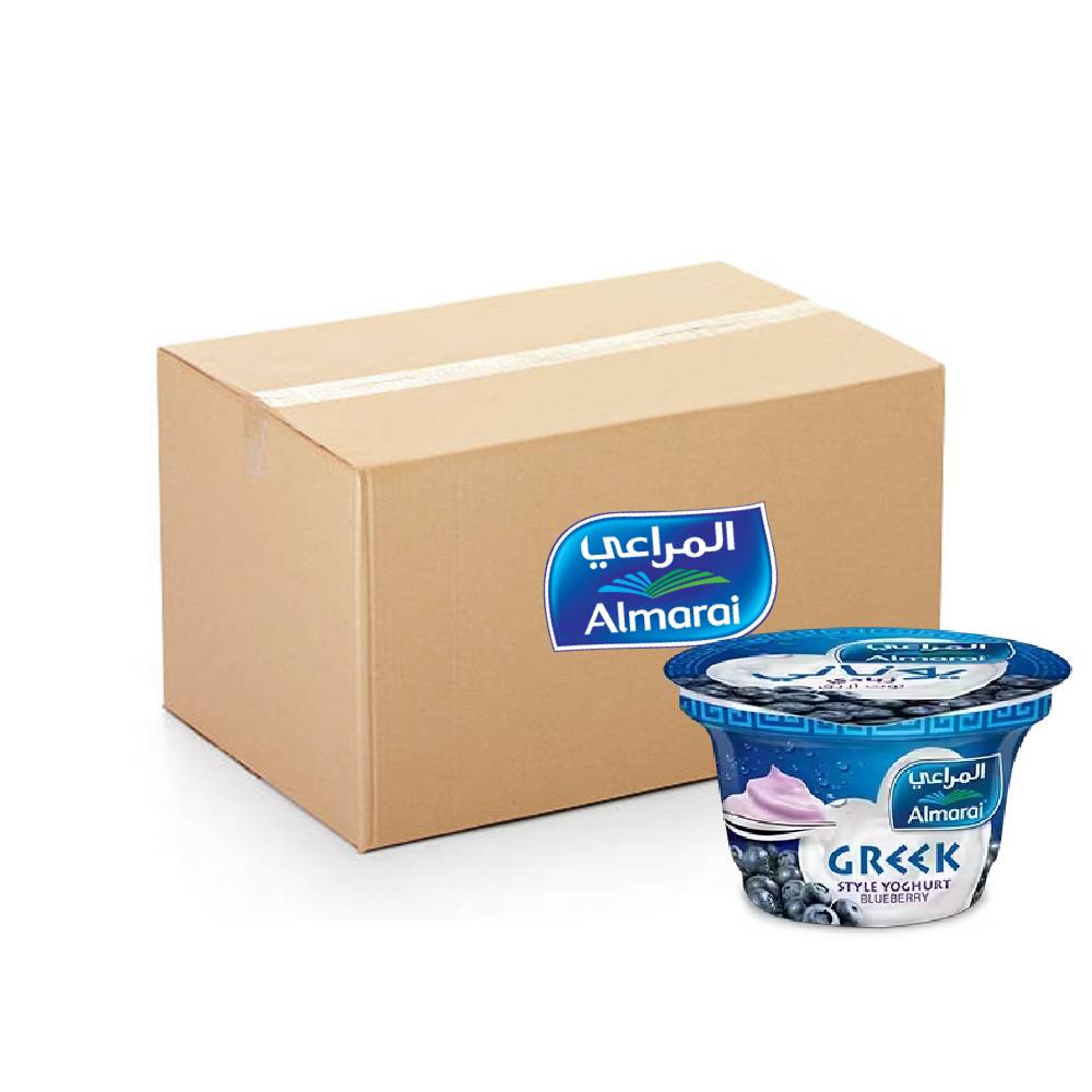 Almarai Greek Style Yoghurt with Blueberry pack of 48x150g, creamy blueberry flavored yoghurt for healthy snacking.