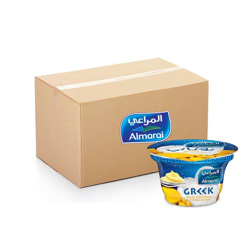 Almarai Greek Yoghurt Mango pack of 48 tubs, 150g each, creamy and delicious mango-flavored yogurt.