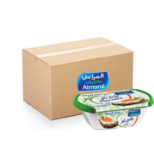 Almarai Marvello Herb Cream Cheese Tub – 48x200g, flavorful herb-infused cream cheese perfect for spreading, cooking, and culinary creations