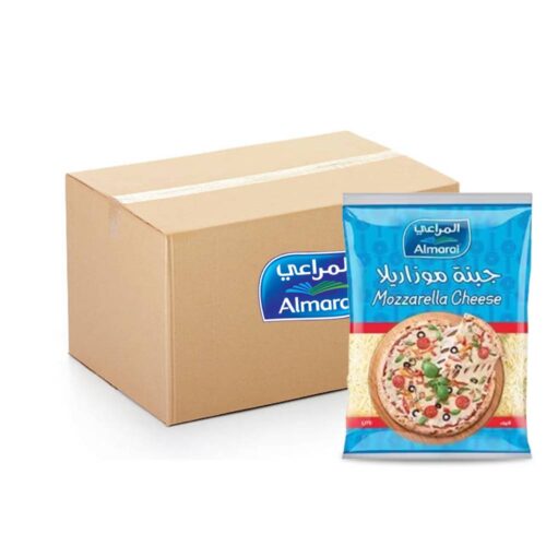 Almarai Mozzarella Shredded Cheese Lite 12x180g pack – light shredded mozzarella cheese for cooking and salads.