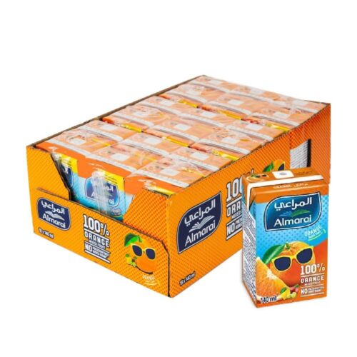 Almarai Orange Juice Drink No Added Sugar - 18x140ml pack with rich citrus flavor and healthy no-sugar option.
