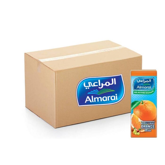 Almarai Orange Mixed Fruit Juice pack of 18x180ml bottles, fresh and natural fruit juice blend.