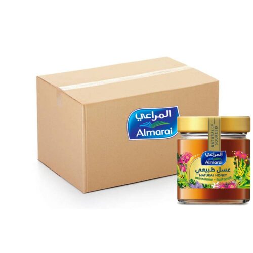 Almarai Polyflora Natural Honey 12x250g jars – pure, natural honey packaging for sweetening and cooking.