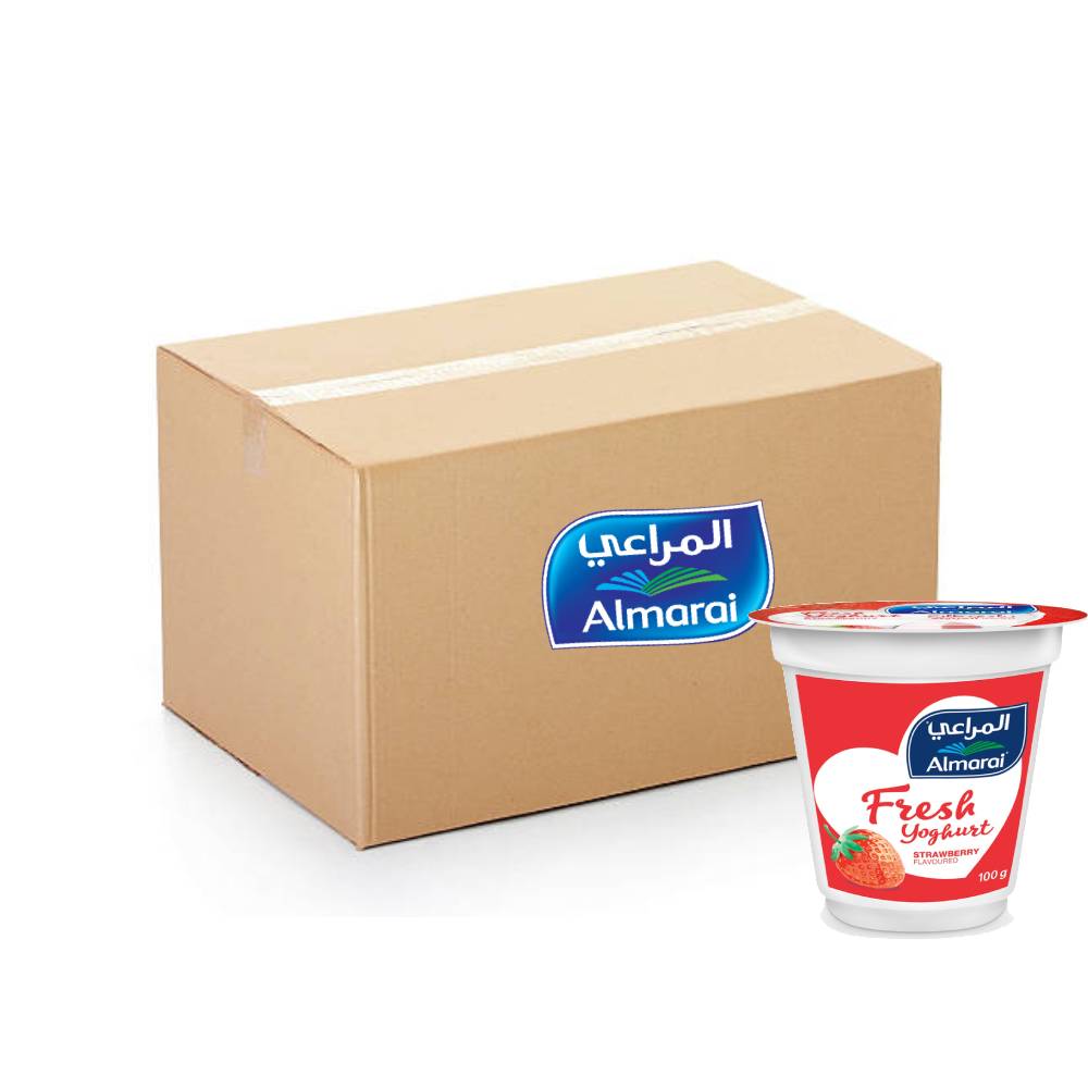 Almarai Strawberry Flavoured Fresh Yoghurt – pack of 72x100g containers with creamy strawberry flavor, perfect for a healthy snack or dessert.