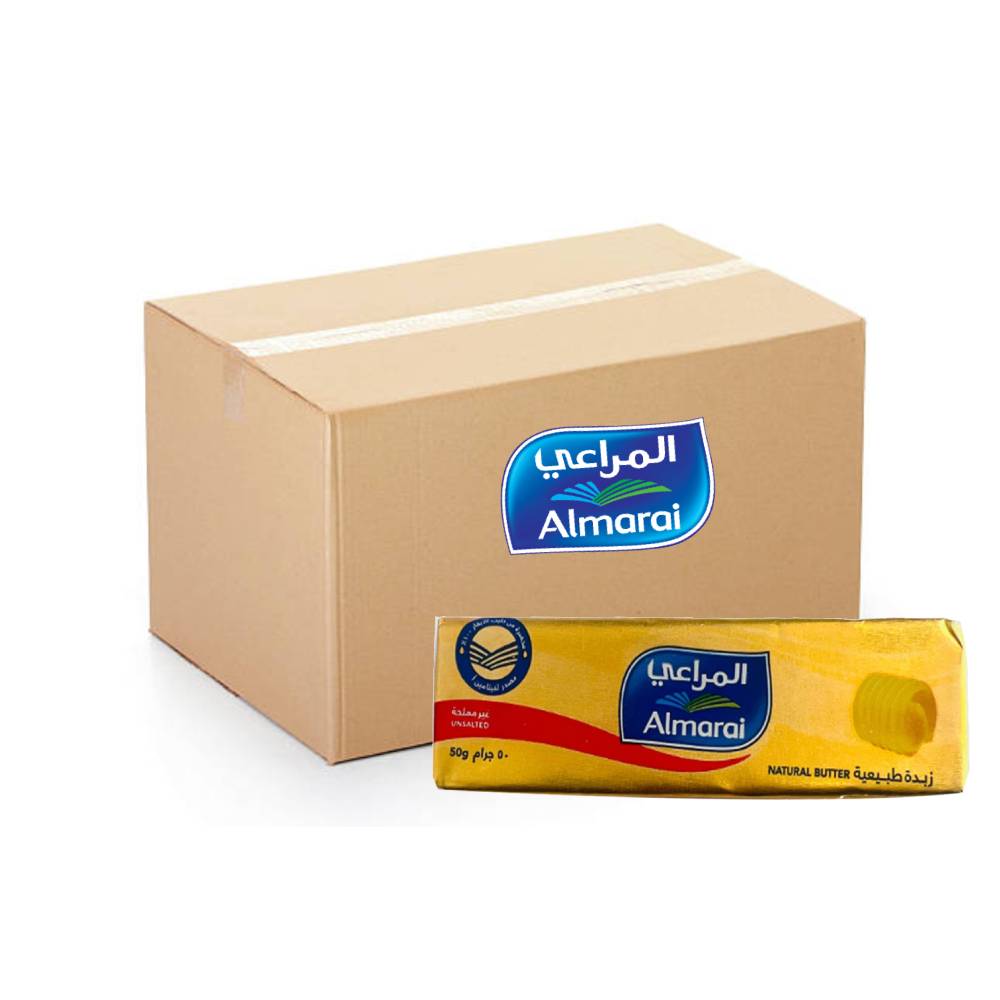 Almarai Unsalted Natural Butter 72x50g – Pack of small, high-quality unsalted butter portions ideal for cooking and spreading.