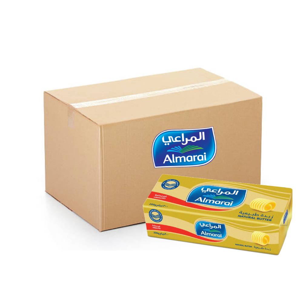 Almarai Unsalted Natural Butter 24x200g pack for cooking and baking with pure, natural flavor.