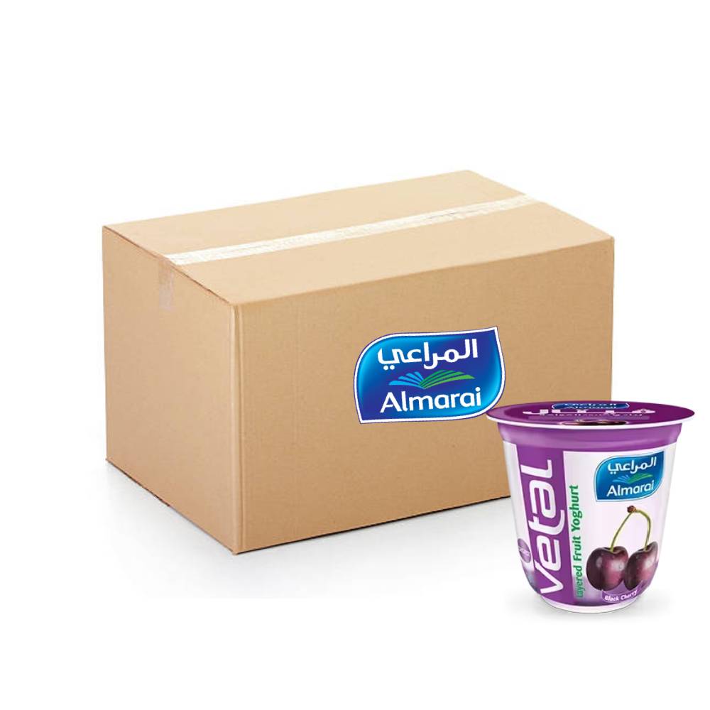 Almarai Vetal Black Cherry Layered Yoghurt pack of 72x140g with rich creamy texture and natural fruit layers