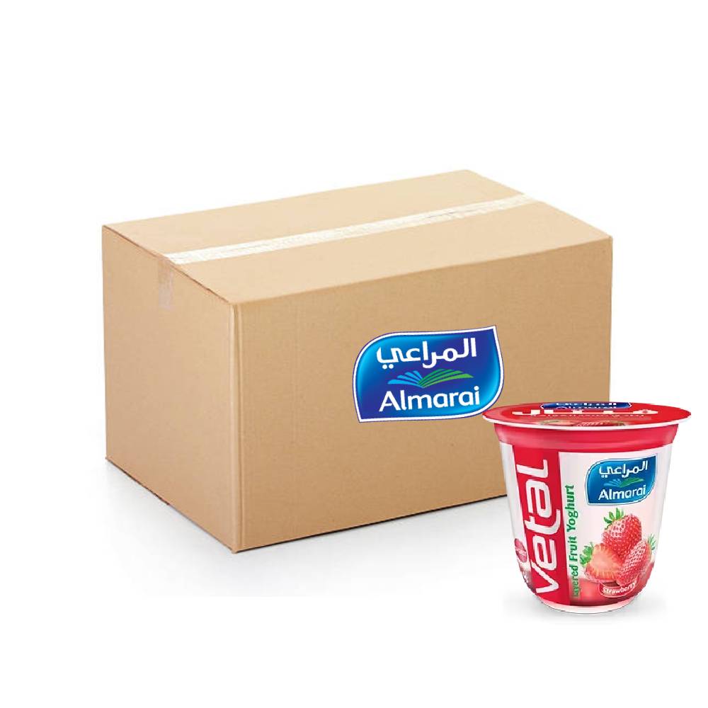 Almarai Vetal Layered Fruit Yoghurt Strawberry 72x140g pack with creamy strawberry flavored yoghurt and fruit layers.