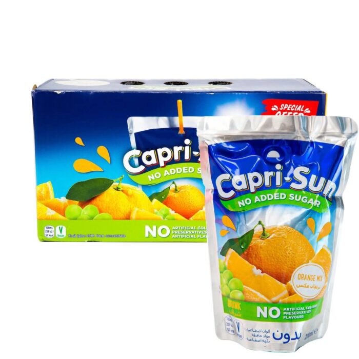 Capri-Sun Orange Mix Juice No Added Sugar - 10x200ml pack featuring a tasty blend of orange and mixed fruit juice with no added sugar, in convenient 200ml pouches—ideal for a healthier refreshment.