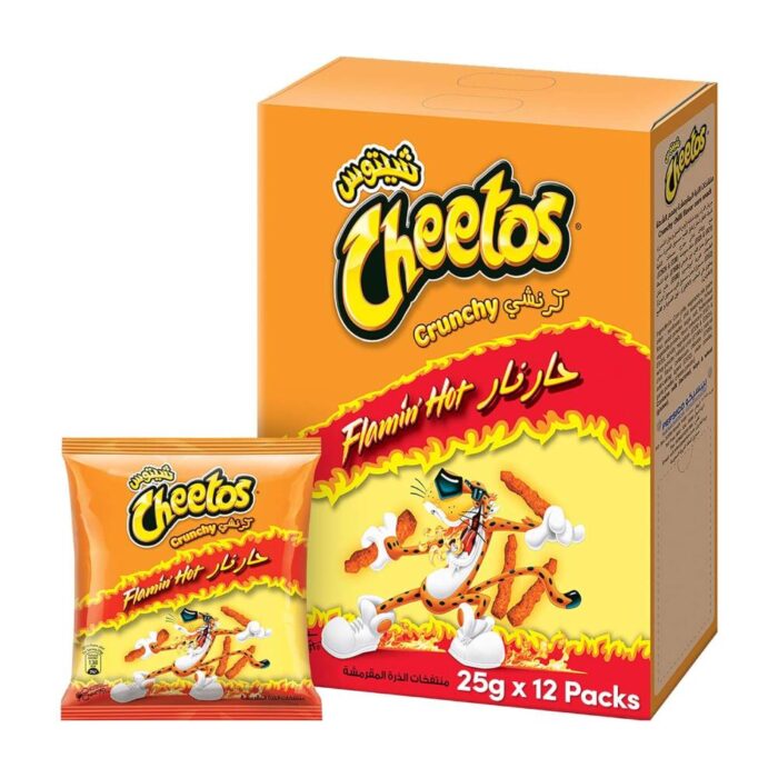 Cheetos Crunchy Flaming Hot – 12x25g snack packs with bold spicy flavor in convenient size.