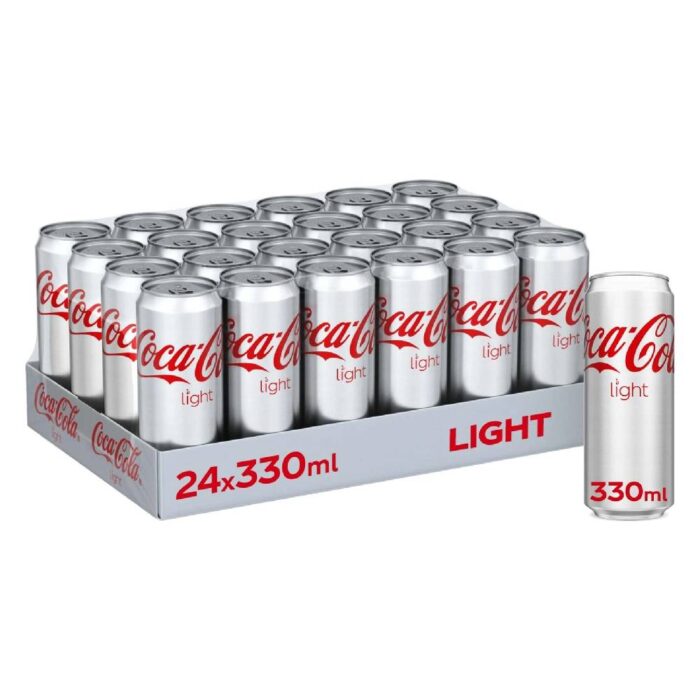 Pack of Coca-Cola Light Soft Drink – 24x330ml cans, featuring the classic low-calorie cola flavor in convenient 330ml packaging.