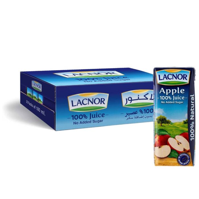 Lacnor Essentials Apple Juice – 32x180ml pack featuring fresh and natural apple juice in convenient 180ml cartons, perfect for a healthy, refreshing drink anytime.