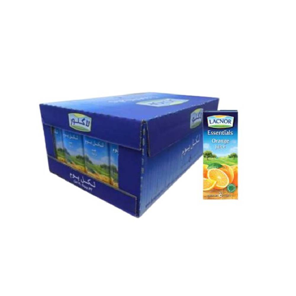 Lacnor Essentials Orange Juice - 32x180ml pack featuring fresh and natural orange juice in convenient 180ml cartons, perfect for a healthy, refreshing drink anytime.