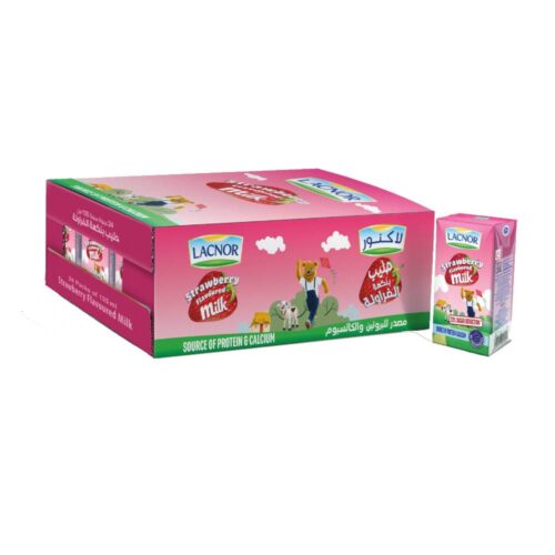 Lacnor Junior Strawberry Milk - 24x125ml pack, nutritious flavored milk for kids with a delicious strawberry taste.