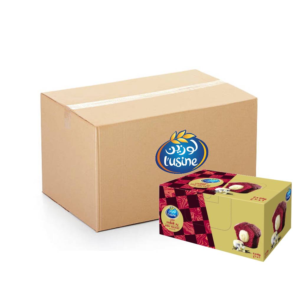 Pack of Lusine Red Velvet Muffin 60g – 6 muffins per pack, 12 packs per carton, rich and soft red velvet flavor