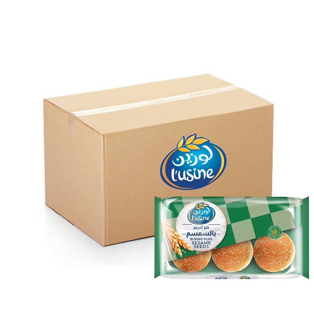 Lusine Sesame Seeds Burger Buns – 6x400g pack of soft burger buns topped with sesame seeds, perfect for sandwiches and burgers.