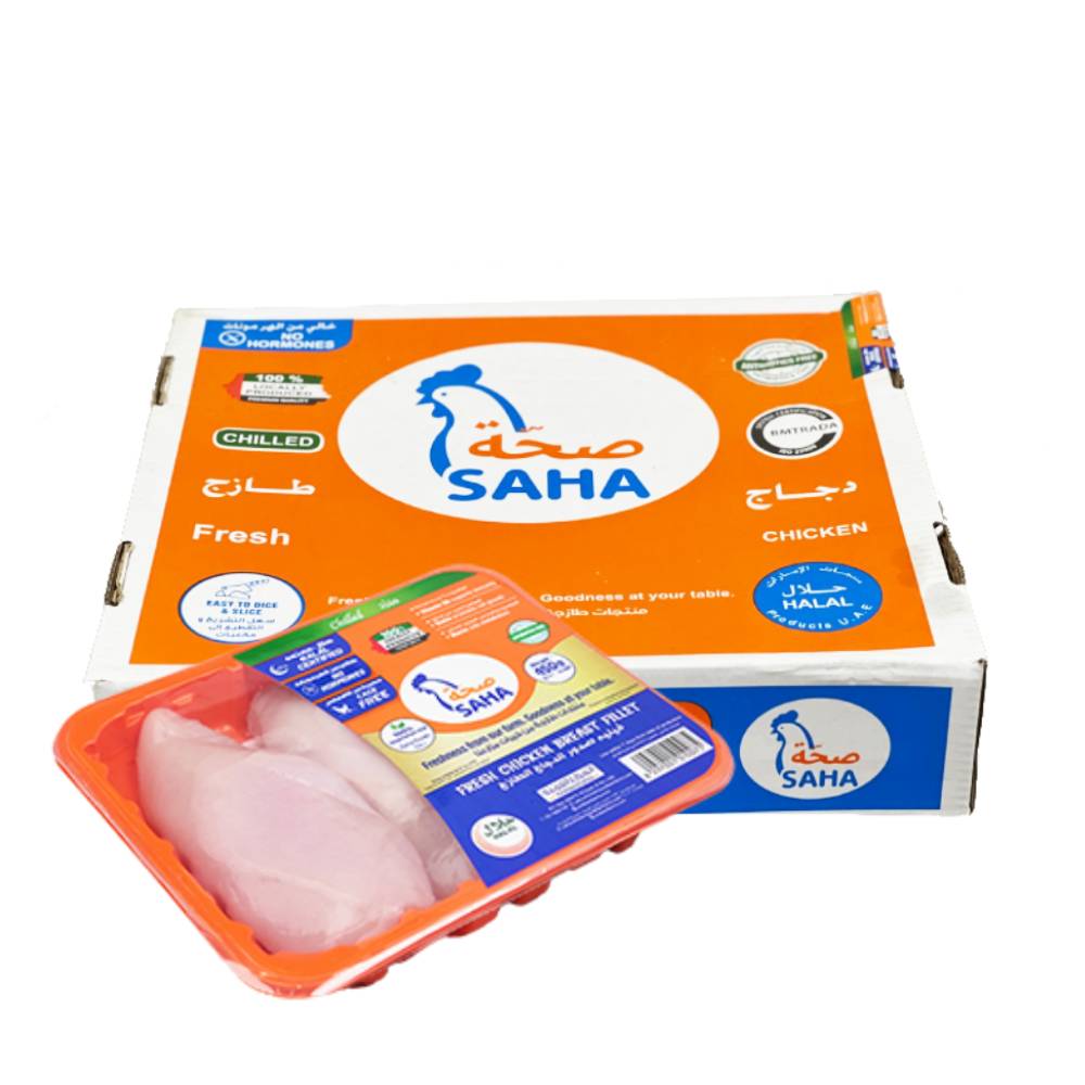 Saha Fresh Chicken Breast Fillet 8x1000g – Premium fresh chicken breast fillets packed in 1kg portions, perfect for healthy meals and versatile cooking.