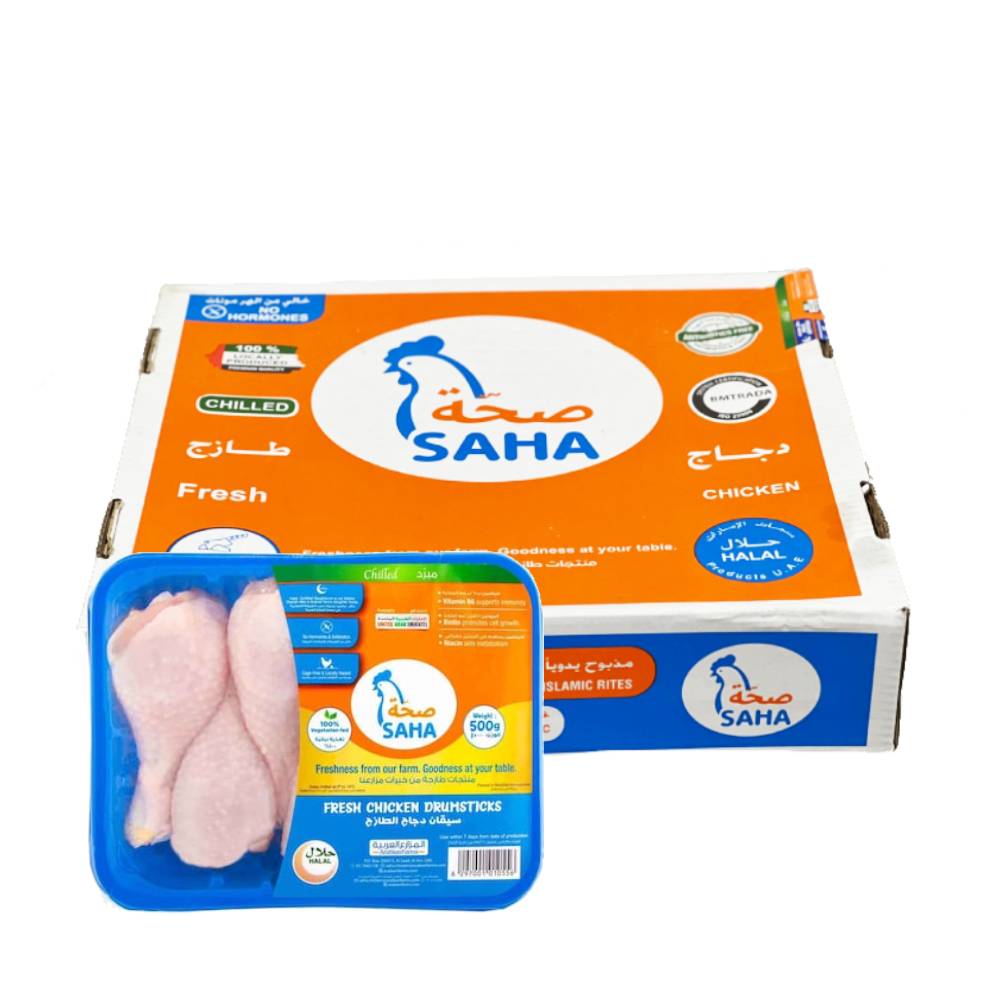 Saha Fresh Chicken Drumstick 12x500g – Fresh and juicy chicken drumsticks packed in 500g portions, ideal for grilling, frying, and roasting.